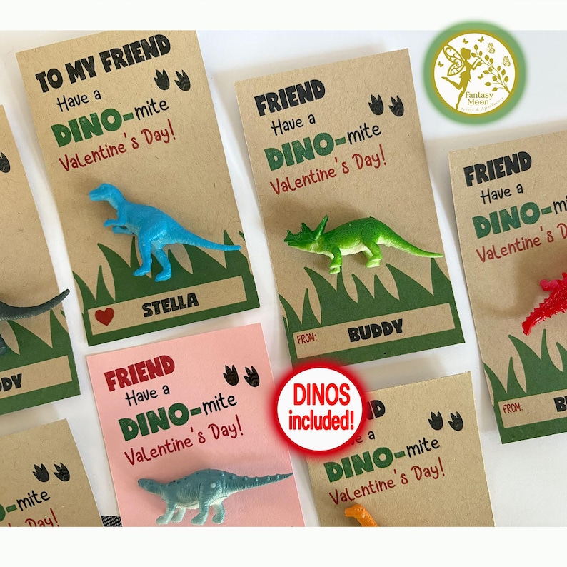 May include: Set of six Valentine's Day cards featuring dinosaurs. Each card has a different dinosaur and says "Have a Dino-mite Valentine's Day!" with a space for a name and a "From:" line. The cards are brown, pink, and light brown. The text "DINOS included!" is in a red circle.