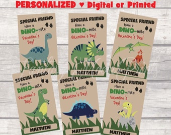 Dinosaur Valentine Cards for Kids Personalized, PRINTED Dino Valentines for School, Dinomite Valentine's Day Cards for Boys & Girls