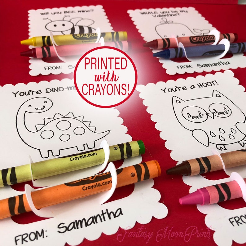 Coloring Valentines Day Cards for Kids with two crayons inserted per 4x6 inch card. Dinosaur and Owl cards are white with scalloped edges, personalized with child's name. These school Valentines for children are great Classroom party favors.