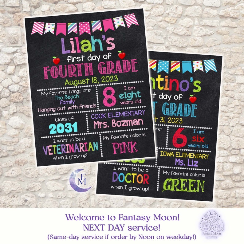 May include: Two colorful chalkboard signs for a first day of school announcement. The top sign is pink and says "Lilah's first day of FOURTH GRADE August 18, 2023". The bottom sign is green and says "antino's first day of GRADE August 31, 2023".
