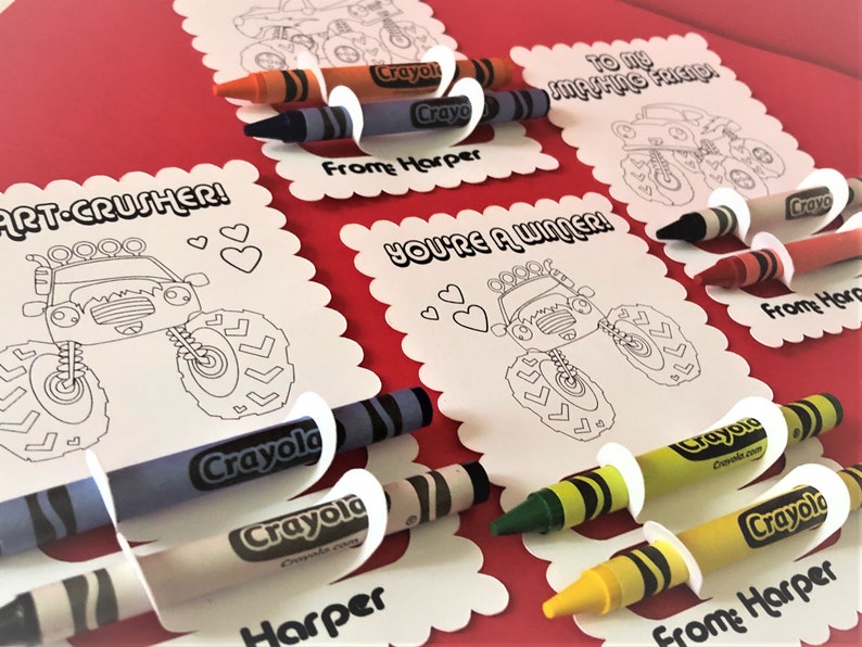 Crayon Valentines Day Cards for Kids, PERSONALIZED Coloring Valentines for preschool party, Classroom animals, dinosaurs, kittens, trucks image 4