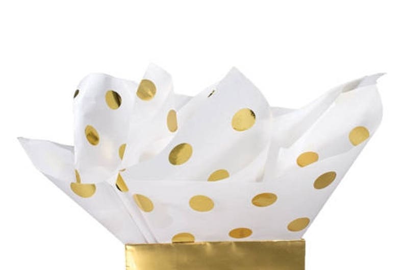 Hot Spots Tissue Paper , 10 ct, Gold Metallic Hot Stamp Polka Dots , Gold Tissue Paper, 20 x 30 inches. Gold Polka Dot Tissue Paper image 2