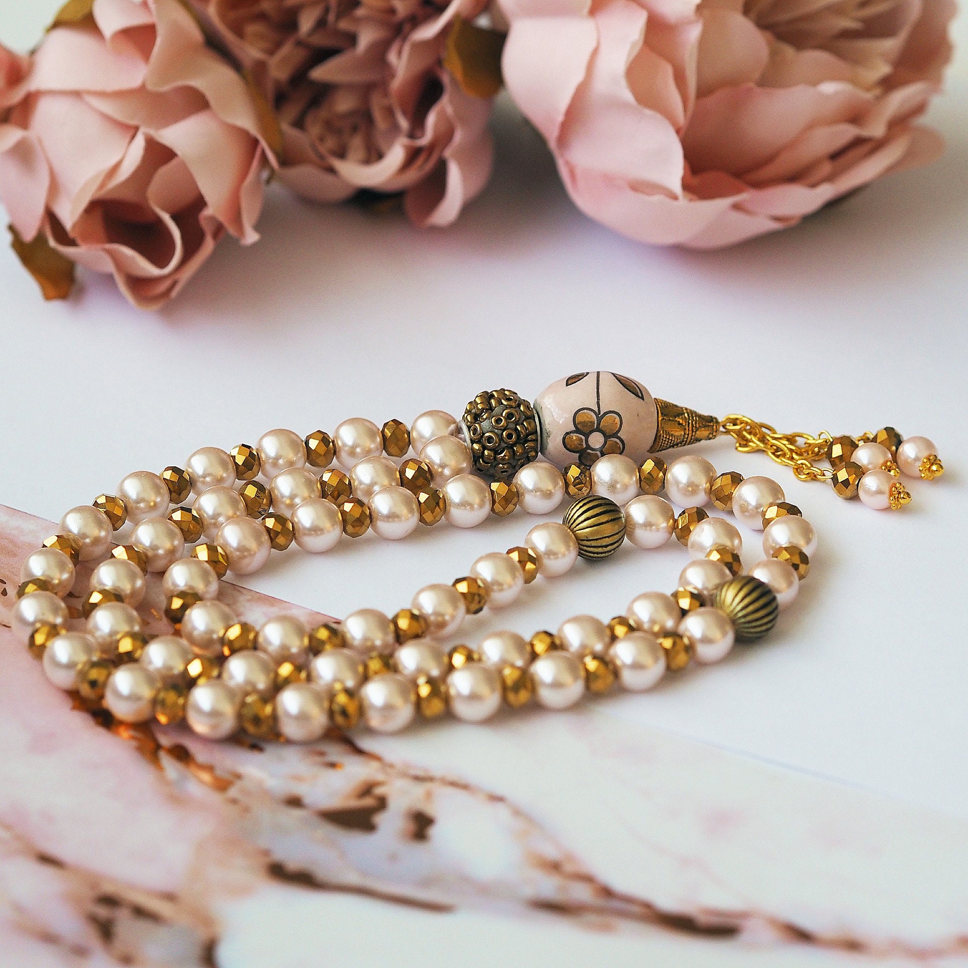 Antique gold & blush pink 99 bead count Islamic Tasbeeh / Etsy