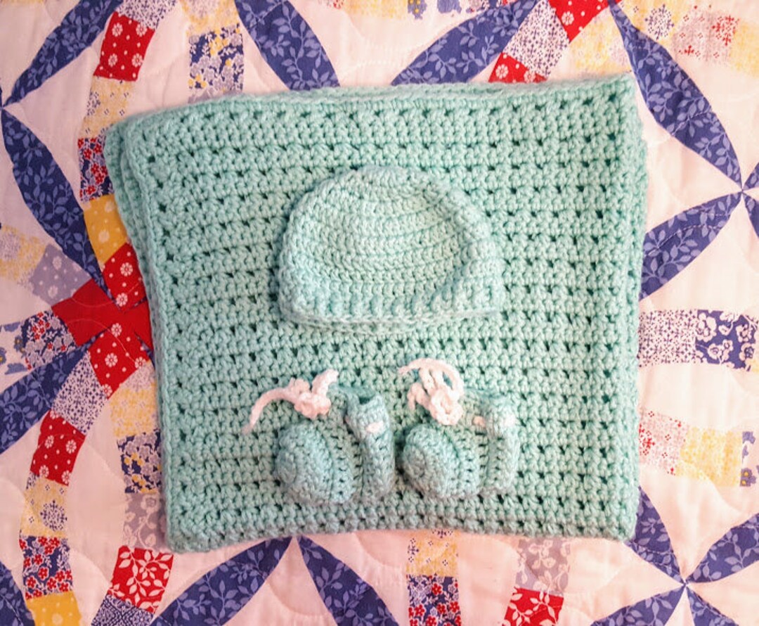 Mint Green Crochet Baby Blanket With Hat and Booties Baby Etsy