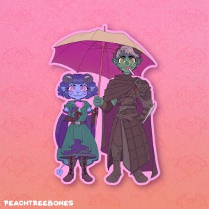 May include: A sticker featuring two fantasy characters under a purple umbrella. One character is blue with horns and the other is green with a cigarette. The background is pink with a repeating pattern. The text "PEACHTREEBONES" is at the bottom.