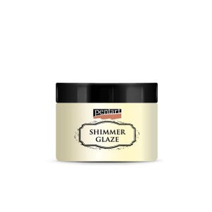 May include: A white jar with a black lid and a label that says "pentart SHIMMER GLAZE" in black text.