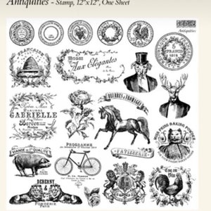 May include: A black and white 12x12 inch sheet of rubber stamps featuring vintage designs. The stamps include images of a rooster, a horse, a deer, a bicycle, a beehive, a flower, a crown, a pig, and various text.