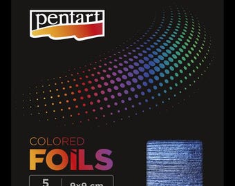 May include: A black product packaging for Pentart colored foils featuring a rainbow gradient dot pattern. The text reads Colored Foils, 5 sheets, and 9x9 cm. A single square sample of metallic blue foil with a textured finish is displayed on the front.
