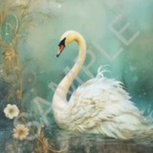May include: A serene image of a white swan gracefully floating on water. The swan has a long, curved neck and a yellow beak. The background features soft, muted colors of blue, green, and gold, with floral accents.