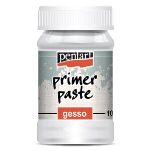 May include: A white plastic bottle of Pentart primer paste gesso. The label features the brand name in black and red, with the words "primer paste" in a bold, handwritten font. The word "gesso" is in a red rectangle.