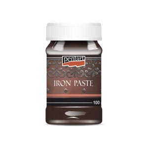 May include: A brown glass jar with a white lid. The jar contains a dark brown paste. The label on the jar says "Pentart Iron Paste - 100".