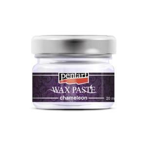 May include: A small, clear glass jar with a silver lid, containing wax paste. The jar has a label with the text "pentart WAX PASTE chameleon" and a capacity of 20 ml. The label has a dark purple background with a swirling pattern.
