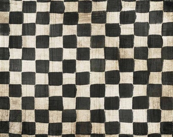 May include: A black and white checkered pattern painted on a textured canvas background.