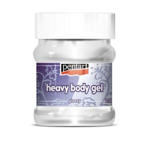 May include: A white plastic jar with a red and white label that says "Pentart Heavy Body Gel Glossy 230ml".