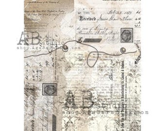 May include: A collage of vintage ephemera, including receipts, stamps, and handwritten notes, with a faded, aged appearance. The design incorporates floral patterns and the text "peaceful soul" and "rice paper".