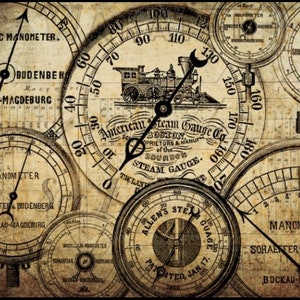 May include: Vintage-style print featuring several antique steam gauges and manometers. The gauges have black hands and are set against a sepia-toned background with text including "American Steam Gauge Co." and "Hydraulic Manometer."