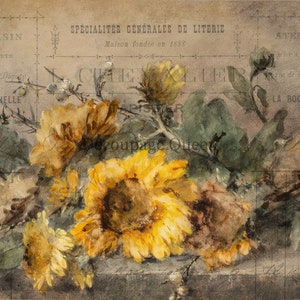 May include: A vintage watercolor painting of a bouquet of yellow sunflowers and other flowers on a textured background. The background features text in French, including the words "Spécialités Générales de Literie" and "Maison fondée en 1855".
