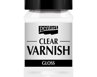 May include: A white jar with a black lid and a label that says "Pentart Clear Varnish Gloss".