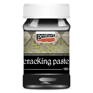 May include: A black jar with a white lid labeled "pentart cracking paste" with a cracked stone design on the label. The jar contains 100 ml of cracking paste.