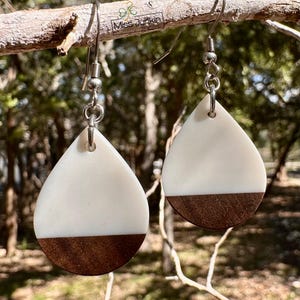 Walnut Wood and White Resin Teardrop Earrings