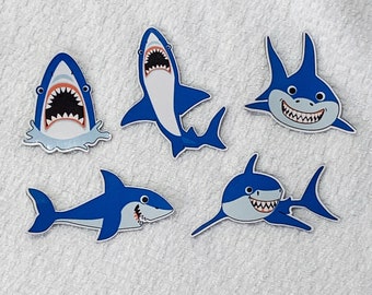 Blue Shark Cute Refrigerator Magnet, Set of 5 Cartoon Great White Shark Fridge Kitchen Lockers Office Decor, Jaws TV Shark Week Gift Fish