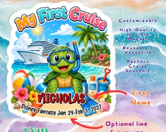 My First Cruise Personalized Turtle Door Magnet, Custom Child Kids Cabin Wall Sign Gift, Baby Toddler 1st Family Vacation Cruising Keepsake