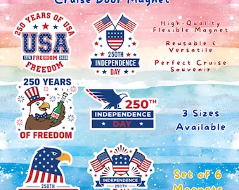 America 250th 6 Cruise Door Magnets, Independence Day 1776–2026, Patriotic USA July 4th Cruise Cabin Decor, Red White Blue Freedom Magnet
