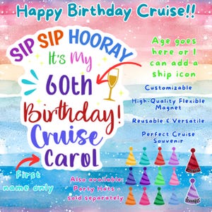 Birthday Cruise Door Decoration Magnet Sign, Personalized Party Hats, Carnival Celebrity Princess Custom Keepsake, Sip Sip Hooray