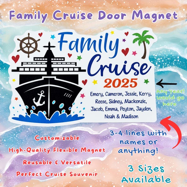 Family Cruise 2026 Wall or Door Magnet Sign, Carnival Princess MSC NCL, Personalized Cruising Custom Keepsake Gift, Cabin Stateroom Decor