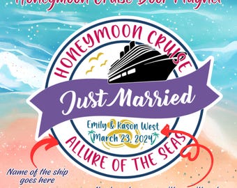 Honeymoon Cruise Door Magnet Sign, Custom Just Married Newlywed Bride Groom, Cruising Keepsake Wall Refrigerator Carnival