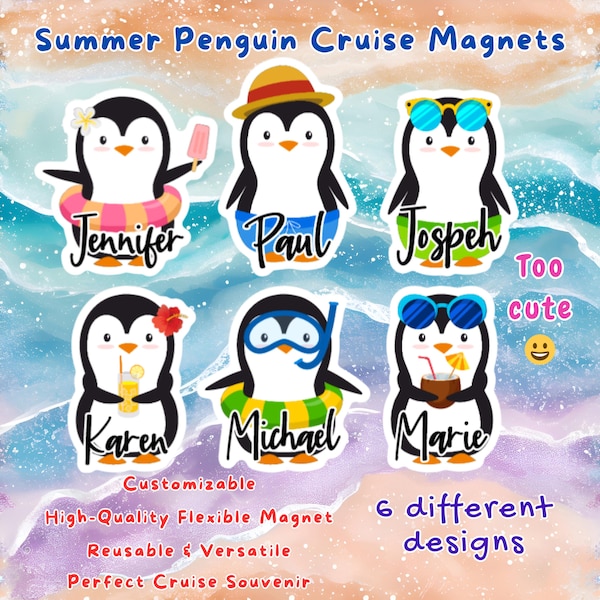 Personalized Penguin Cruise Door Magnet: Summer Family Friends Cruising, Royal Caribbean Carnival Stateroom Decor