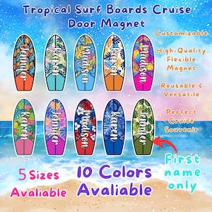 Personalized Tropical Surfboard Cruise Door Magnet: Custom Friends Family Group Vacation Keepsake, Stateroom Wall Cabin Decor Carival