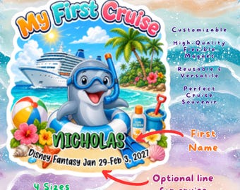 My First Cruise Personalized Dolphin Door Magnet, Custom Child Kids Cabin Wall Sign Gift, Baby Toddler 1st Family Vacation Cruising Keepsake