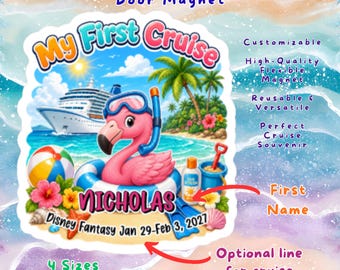 My First Cruise Personalized Flamingo Door Magnet, Custom Child Kid Cabin Wall Sign Gift, Baby Toddler 1st Family Vacation Cruising Keepsake