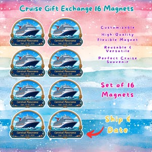 May include: A set of 16 cruise ship magnets featuring the Carnival Panorama, with text reading Cruise Gift Exchange 16 Magnets, Carnival Panorama, Sept. 13-20, 2026, Customizable, High-Quality Flexible Magnet, Reusable & Versatile, Perfect Cruise Souvenir.
