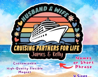 Husband & Wife Cruising Partners for Life Cruise Door Magnet, Retro Sunset Cabin Wall Sign, Anniversary Vacation Gift Decor Carnival