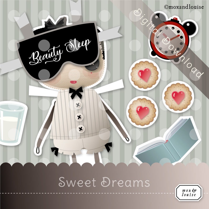 Digital Download milk and cookies a sleep mask and a bedroom Slumber Set Pippa a Mox /& Louise Paper Doll complete with nighties