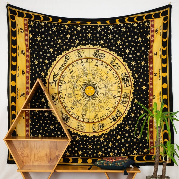 Serviette avec signe du zodiaque Astro étoiles planètes et soleil en jaune sur noir paroi indienne de tapisserie spirituelle fair-play