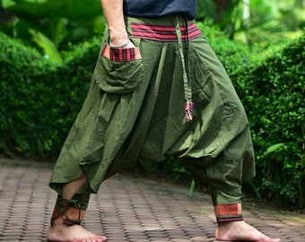 Pantalones harén en verde con tejido Hilltribe, pantalones Goa hechos de 100% algodón, unisex - muy flexibles, para cada ajuste, cosidos a mano y de comercio justo