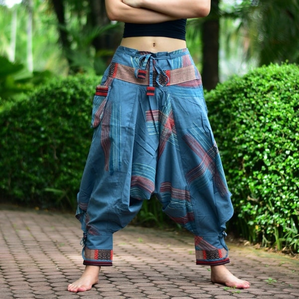 Sarouel bleu avec tissu Hilltribe, pantalon Goa en 100% coton, unisexe - très flexible, pour chaque coupe, cousu à la main et commerce équitable