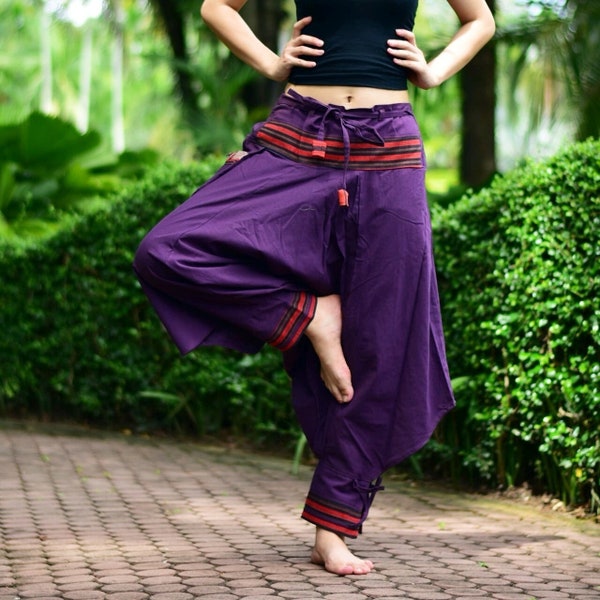 Harem pants in purple, with large pocket and flexible waist - Unisex Yogapants for all sizes and length, made of 100% soft cotton