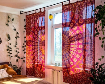 Mandala curtain peacock feather red orange yellow Indian curtain with loops oriental window curtain, handmade from fair trade