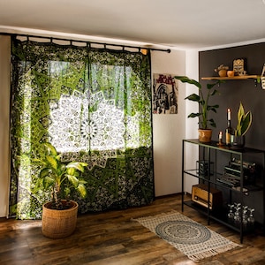 Mandala Curtain star pattern green black, Indian curtains with an oriental design, with loops, handmade in India, 100% cotton