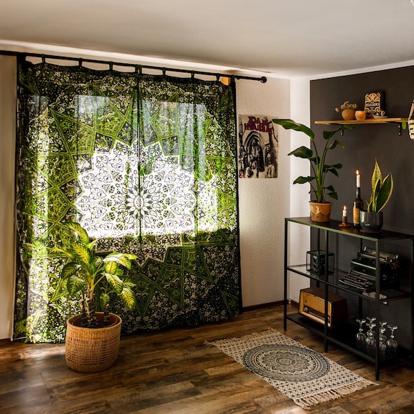 Vorhang Stern Mandala grün schwarz, indische Gardinen mit orientalischem Muster, mit Schlaufen, handgefertigt in Indien, 100% Baumwolle