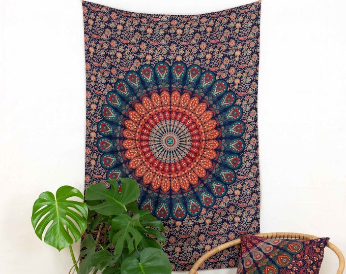 Mandala tapestry, indian wallhanging in blue orange and turquoise. Oriental peacock feather design. 100% cotton, vegan and fair trade