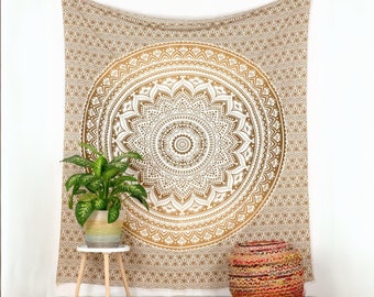 Mandala Tapestry Ombre Gradient Ochre Brown Autumn Tapisserie indienne en coton. Tapisserie traditionnelle issue du commerce équitable.