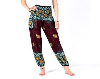 Harem pants with elephants in turquoise, red and gold, airy Aladdin pants made of soft viscose, casual pants from Thailand, fair trade, vegan