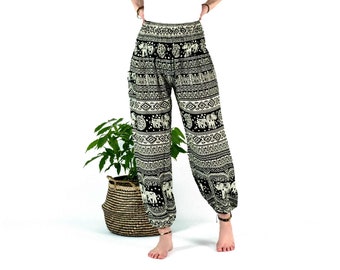 Harem pants with elephants in black beige, airy Aladdin pants made of soft viscose, casual pants from Thailand, fair trade, vegan