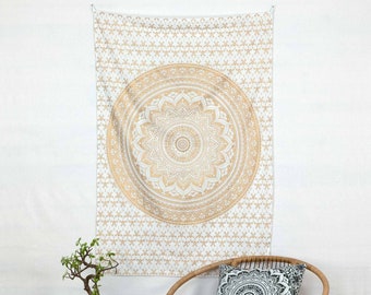 Tapestry ombre mandala in white gold small wallhanging Indian boho walldecor made of 100% cotton, handmade and fair trade in India