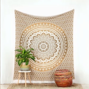 Mandala tapestry in ocher brown, indian wallhanging with ombre gradient traditional wall cloth with autumn color flower design